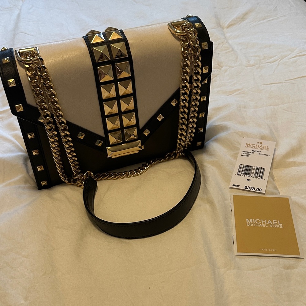 Michael Kors Black and Cream Crossbody Bag with Gold Studs